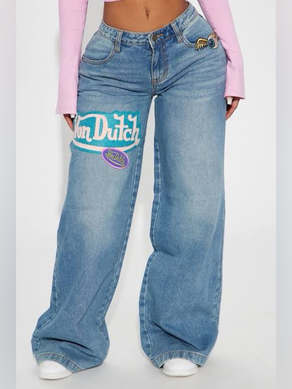 Von Dutch Patchwork Mid Rise Wide Leg Jeans womens size 5. Medium wash